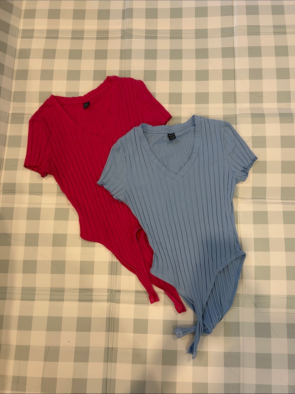 Ribbed V-Neck Bodysuit Duo - Hot Pink & Light Blue
